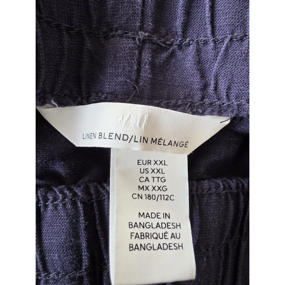 H&M Women XXL Dark Blue Linen Blend Casual Pants Trousers Slacks Wide-Leg